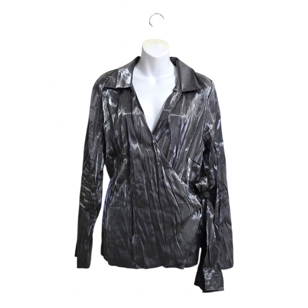 Lane Bryant Silver Metallic Spread Collar Long Sleeve Wrap Blouse Sz 18/20